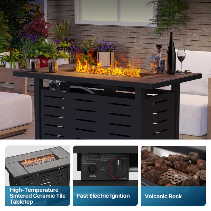 Sunmthink 42 Inch 60,000 BTU Fire Pit Table - Ceramic Tabletop with Lava Rocks & Lid