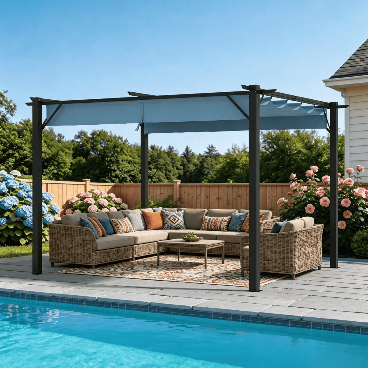 Clouddwell 12x10 ft Outdoor Pergola with Retractable Canopy, Heavy-Duty Metal Frame Patio Pergola for Backyard & Garden, UV Protection Sun Shade, Blue