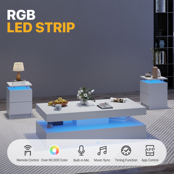 Sonegra 3-Piece Living Room Coffee Table Set, Including A Modern Coffee Table and 2 LED End Tables with Storage Drawers, White