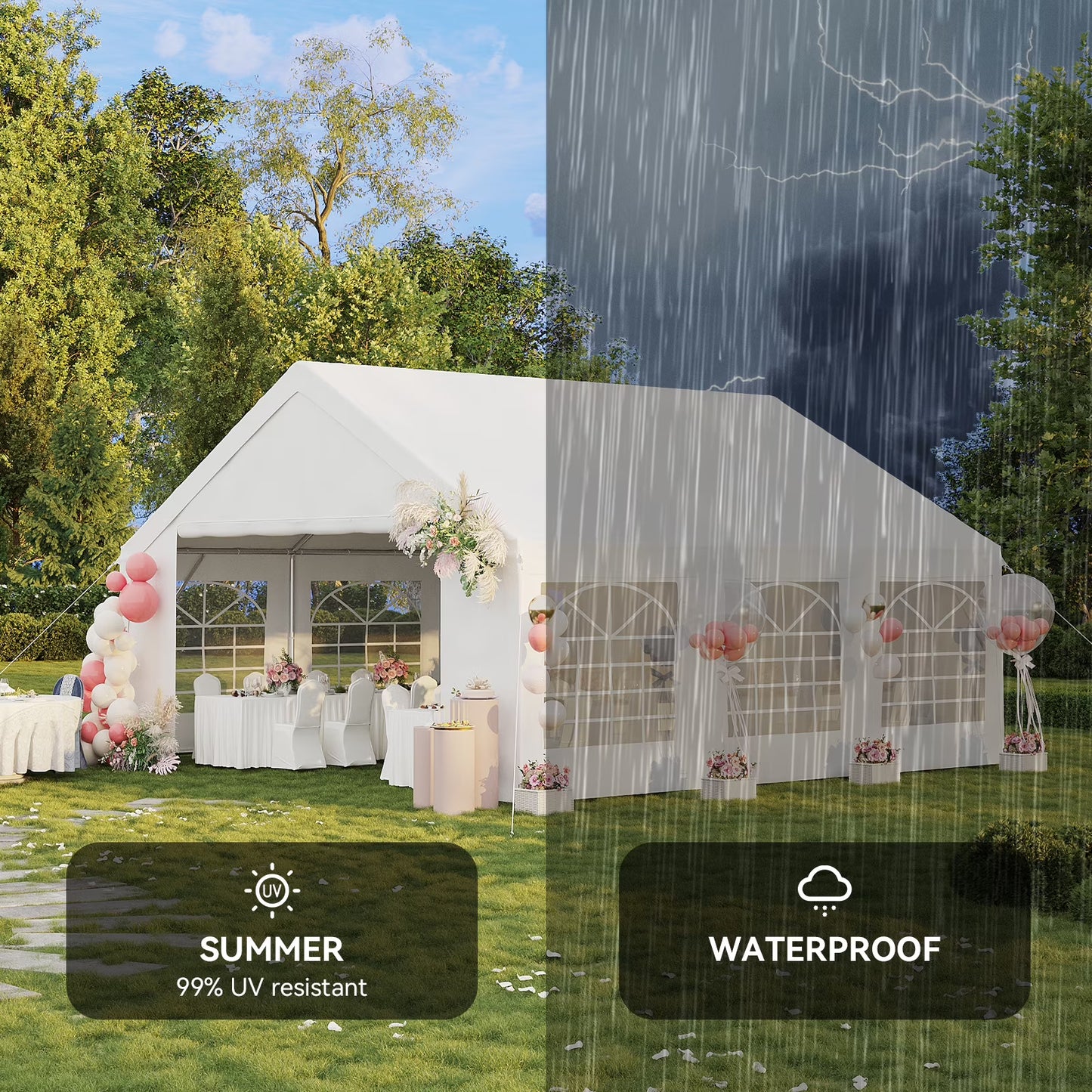 Dateyes Wedding & Event Tent, 20x20 FT White Canopy with Removable Sidewalls, Waterproof Party Tent for Outdoor Gatherings, BBQ, Birthday, Camping