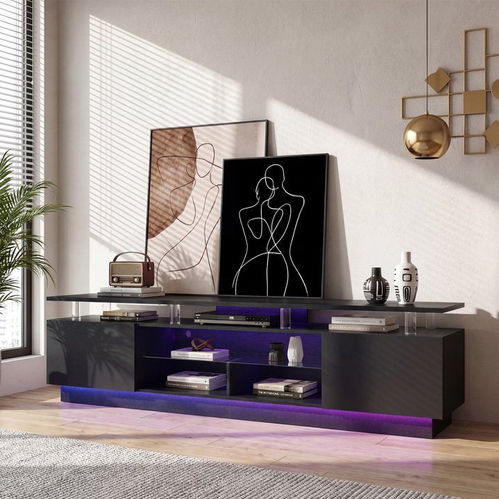 Sonegra 80” High-Glossy TV Stand with 2 Side Cabinets, Modern Stylish TV Console with 3 Layer LED Lights,Gaming TV Media Console with Adjustable Glass Shelf, Black