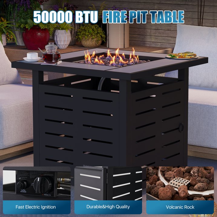 Sunmthink 28 Inch 50,000 BTU Fire Pit Table - Ceramic Tabletop with Lava Rocks & Lid