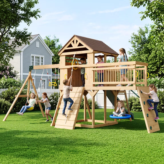Clouddwell Wooden Swing Sets for Backyard – Outdoor Playset with Wave Slide, Raised Clubhouse, Wooden Bridge, Rock Wall, Belt Swings, Web Swing, Trapeze, Balcony, Climbing Wall & Ladder
