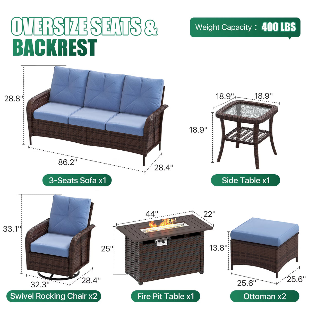 Dateyes 7-Piece Patio Furniture Set, High Back Swivel Rocker Chairs with Thick Cushions, Wicker Rattan Outdoor Sectional Sofa with Fire Pit, Blue