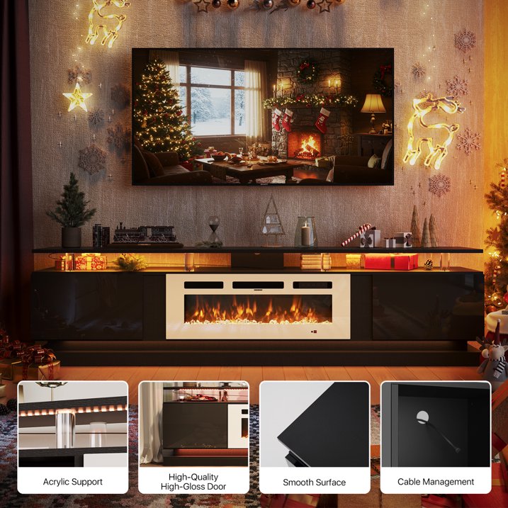 Sonegra Modern Fireplace TV Stand for TVs Up to 90" with Music Sync LED, 80" Entertainment Center with Electric Fireplace, TV Console with Storage Cabinets for Living Room, Black