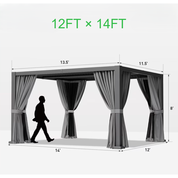 Sunmthink 12' × 14' Adjustable Louvered Pergola, Outdoor Aluminum Pergola with Curtains & Netting for Backyard, Deck & Poolside, Gray