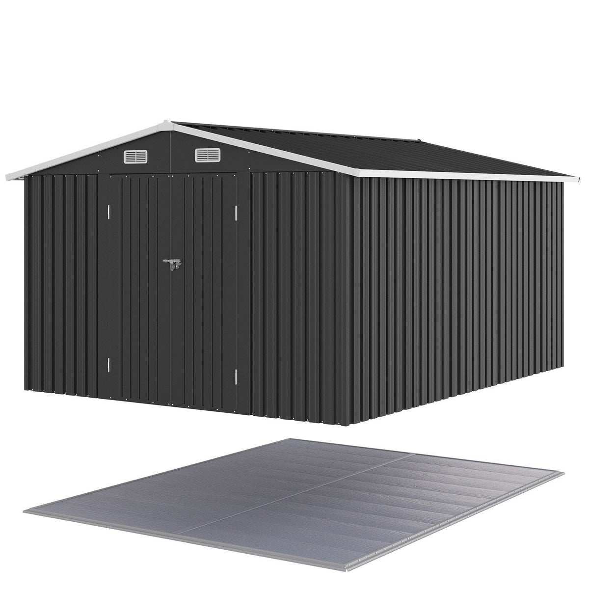 Clouddwell 10x12 FT Outdoor Metal Storage Shed with Floor (12mm PP Floor) & Double Doors for Patio, Backyard - Black