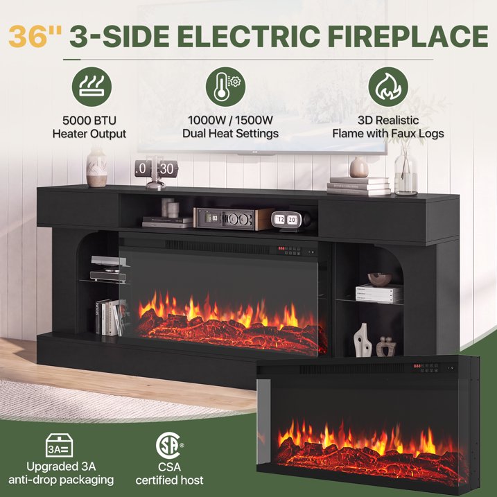 Sonegra 70 Inch Fireplace TV Stand, 3‑Sided Glass Electric Fireplace Media Console Fits Up to 80" TV, Entertainment Center with Shelves & Spacious Storage, LED Flame TV Cabinet for Living Room, Black