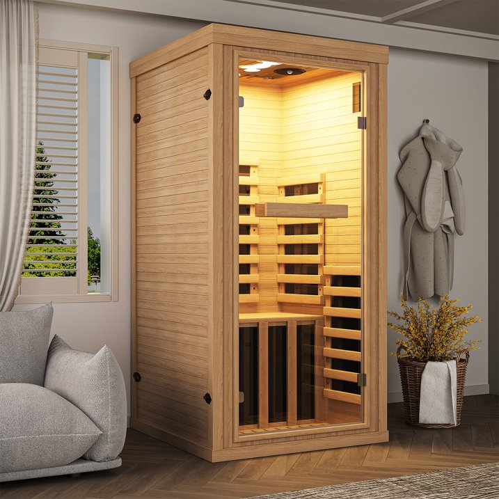 Sunmthink Full Spectrum Infrared Sauna ， 1-Person Home Sauna 1260W Hemlock Wood Spa with Resonance Speaker & Tempered Glass