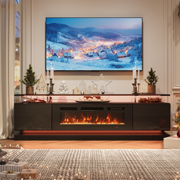 Sonegra Modern Fireplace TV Stand for TVs Up to 80" with Music Sync LED, 70" Entertainment Center with Electric Fireplace, TV Console with Storage Cabinets for Living Room, Black