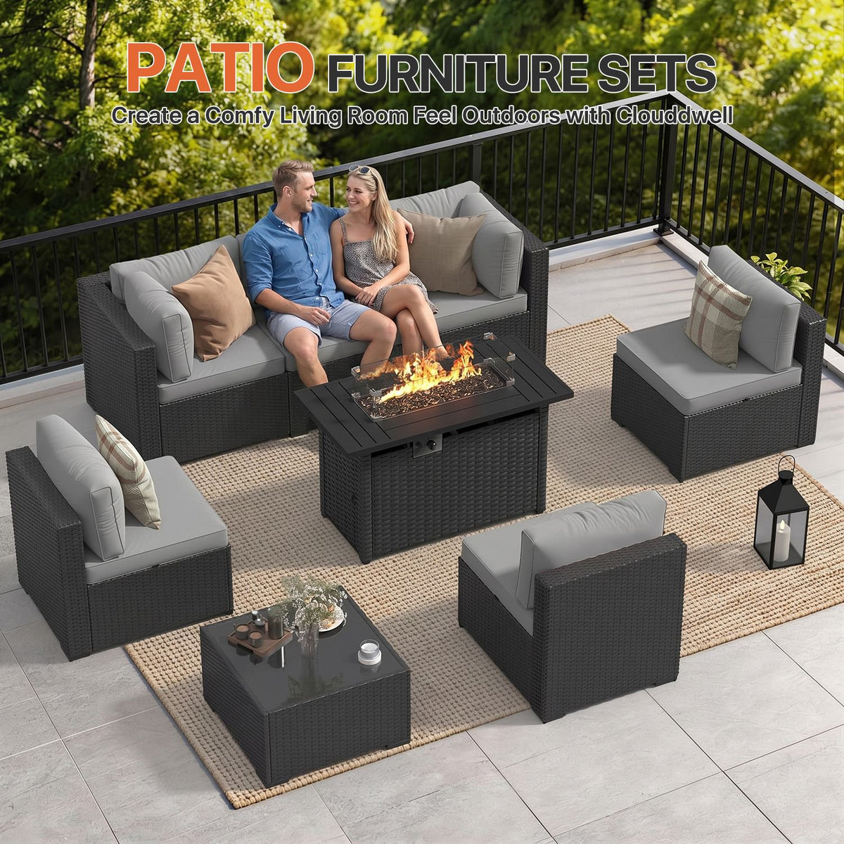 Dateyes 8-Piece Patio Furniture Set with Fire Pit, All-Weather Wicker Rattan Outdoor Sectional Sofa Set with Coffee Table (Light Gray)