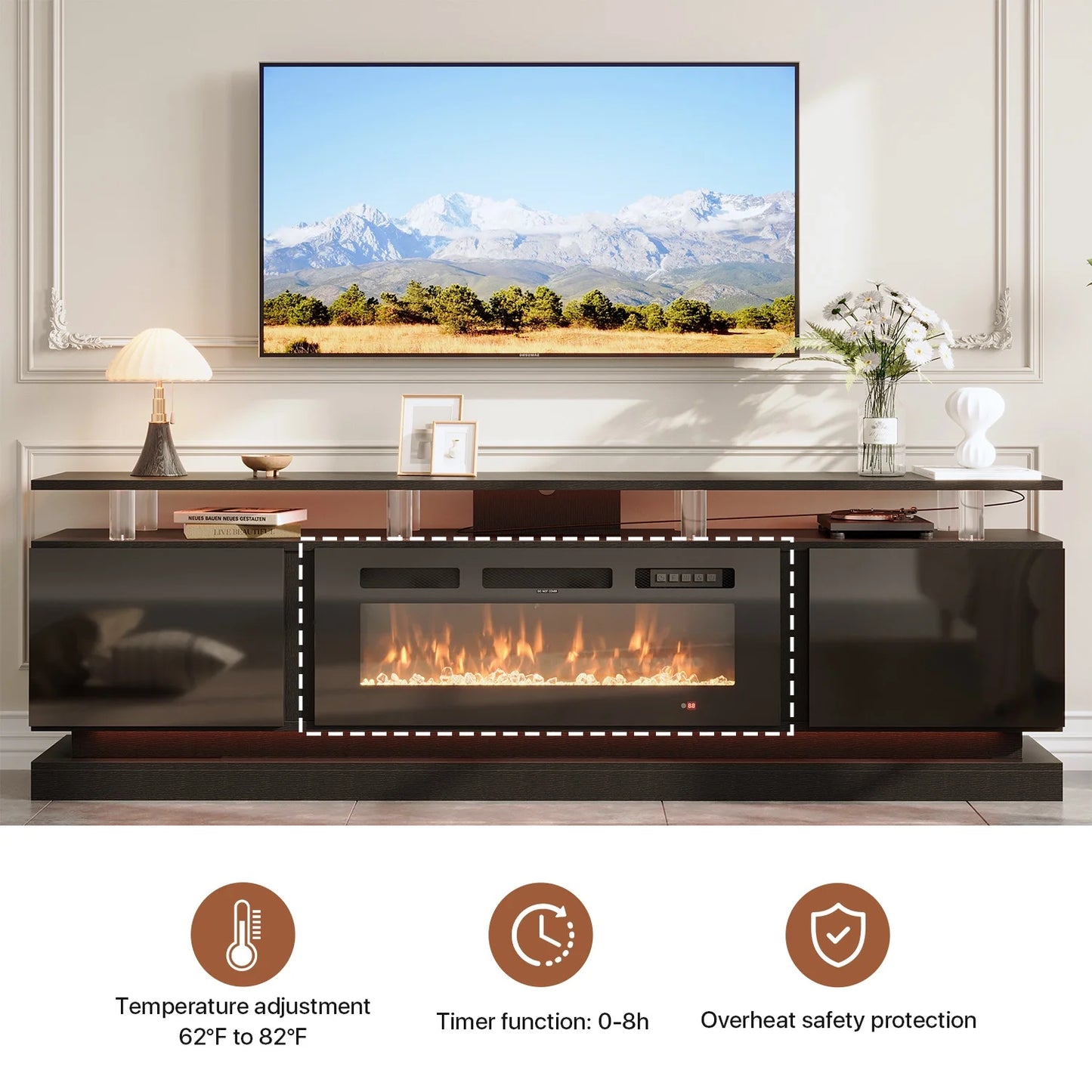Sonegra Fireplace TV Stand with Electric Fireplace up to 90", Entertainment Center with Fireplace, LED 80" Modern TV Console with Storage for Livingroom, Black