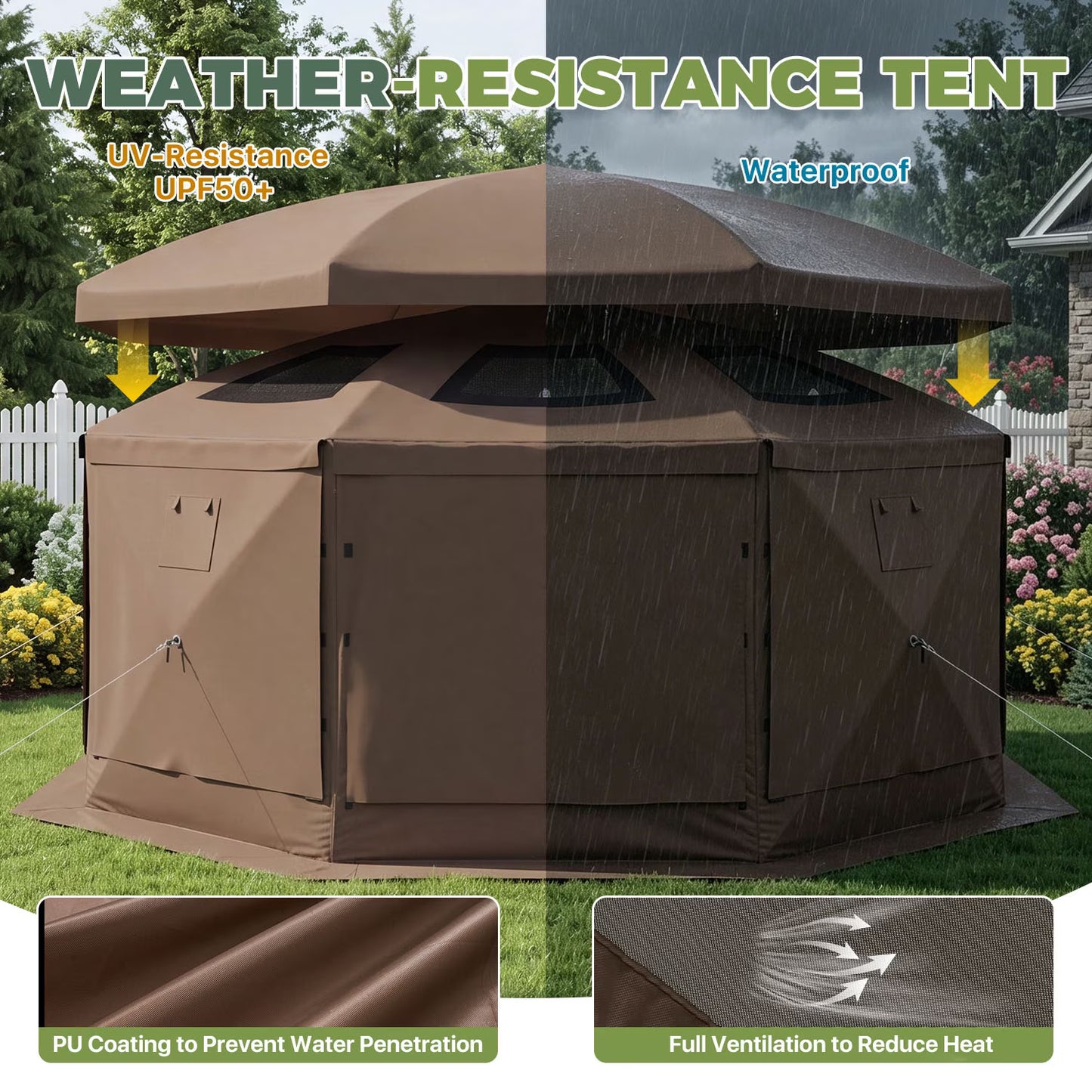 Clouddwell 15'x15' Outdoor Pop Up Gazebo, Screen Tent with Removable Top & Mosquito Netting, Camping Canopy Tent, Waterproof, UV Resistant, Portable Carry Bag, Brown