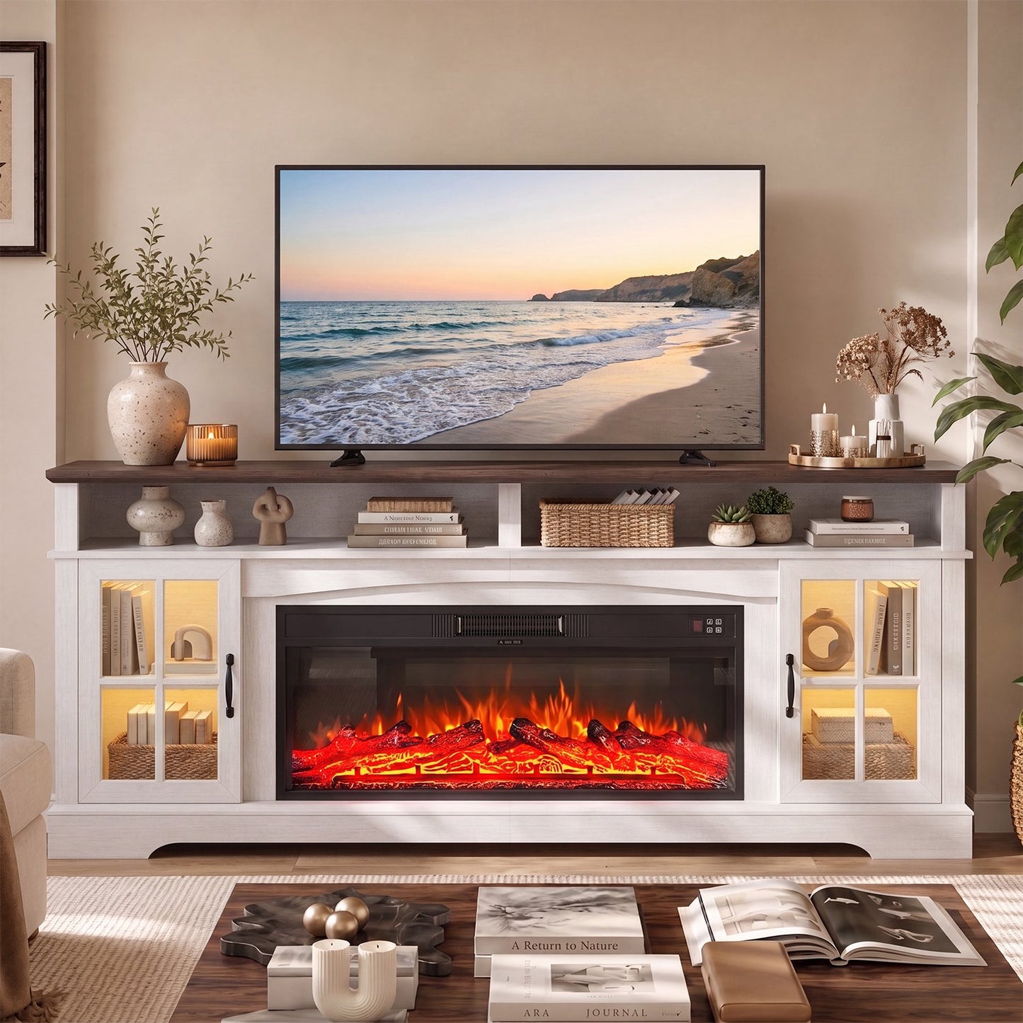 Sonegra Fireplace TV Stand with Glass Door for TVs up to 90", 80" Entertainment Center with Fireplace, Media Console for Living Room, White