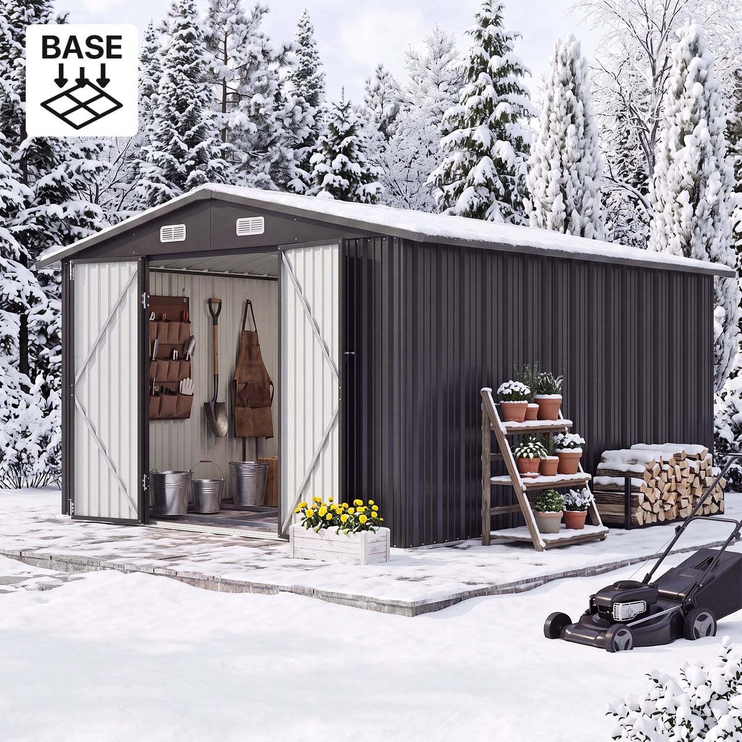Clouddwell 10x12 ft Outdoor Storage Shed with Base, Large Metal Garden Tool Shed with Double Lockable Doors for Backyard, Patio, Black