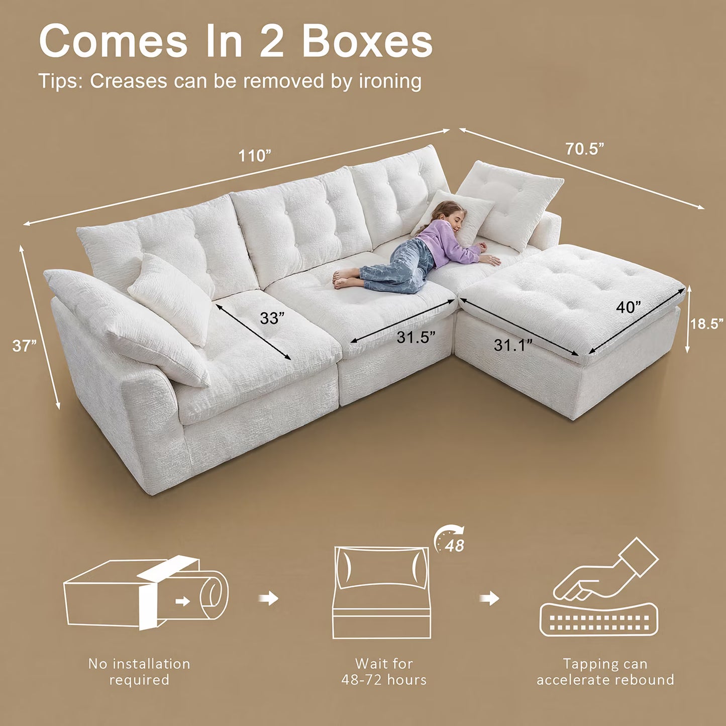 Sonegra 112" Oversized Modular Sectional L Shaped Sofa, Wide & Deep Seat Boneless Cloud Couch With Multi-Purpose Round Pillow, No Assembly (White)