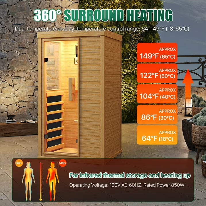 Clouddwell 1-Person Home Far Infrared Sauna | 850W High-Efficiency Heating Western Hemlock Dry Sauna with Color Lighting & Bluetooth Speaker (For Home & Gym Use)
