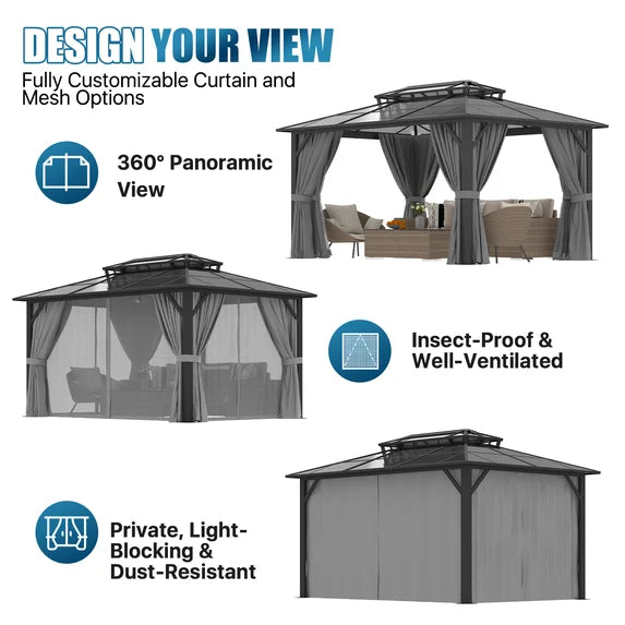 Sunmthink 10' x 14' Hardtop Gazebo,Polycarbonate Double Roof,Aluminum Frame with Curtains and Netting for Patio,Garden,Gray