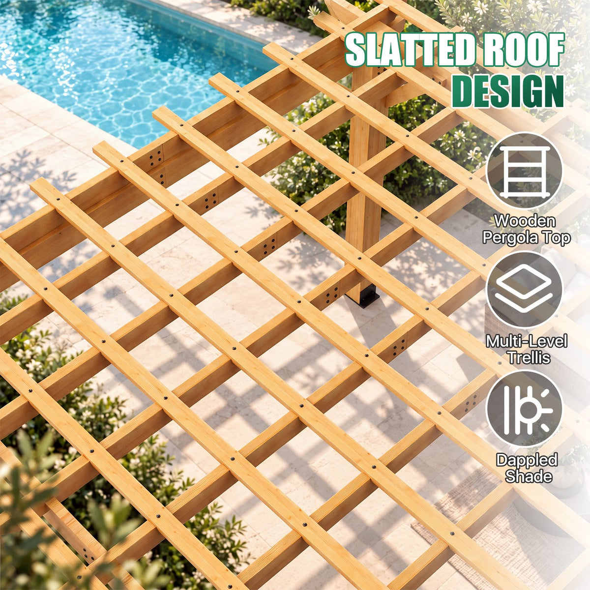 Sunmthink 12' x 20' Solid Cedar Outdoor Pergola, Tiered Lattice Canopy, Wind-Resistant up to 100 MPH, Natural Wood Finish for Patio, Deck, Lawn & Garden