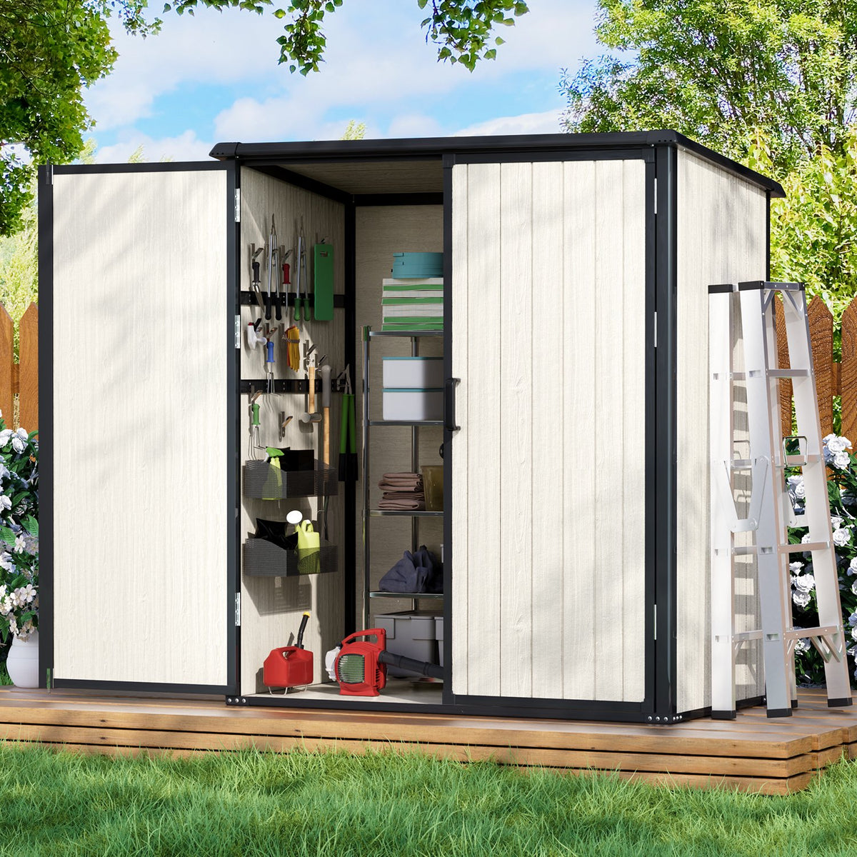 Sunmthink 5.0' X 3.1' Resin Outdoor Shed with Base Frame, Plastic Shed with Lockable Door, for Garden, Ptaio, Backyard, Beige