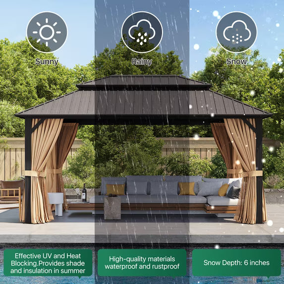 Clouddwell 12' x 16' Gazebo for Patio, Gazebo Pergola with Sloped Roof, Large Wall-Mounted Heavy Duty Awnings, for Deck, Patio and Backyard,Brown