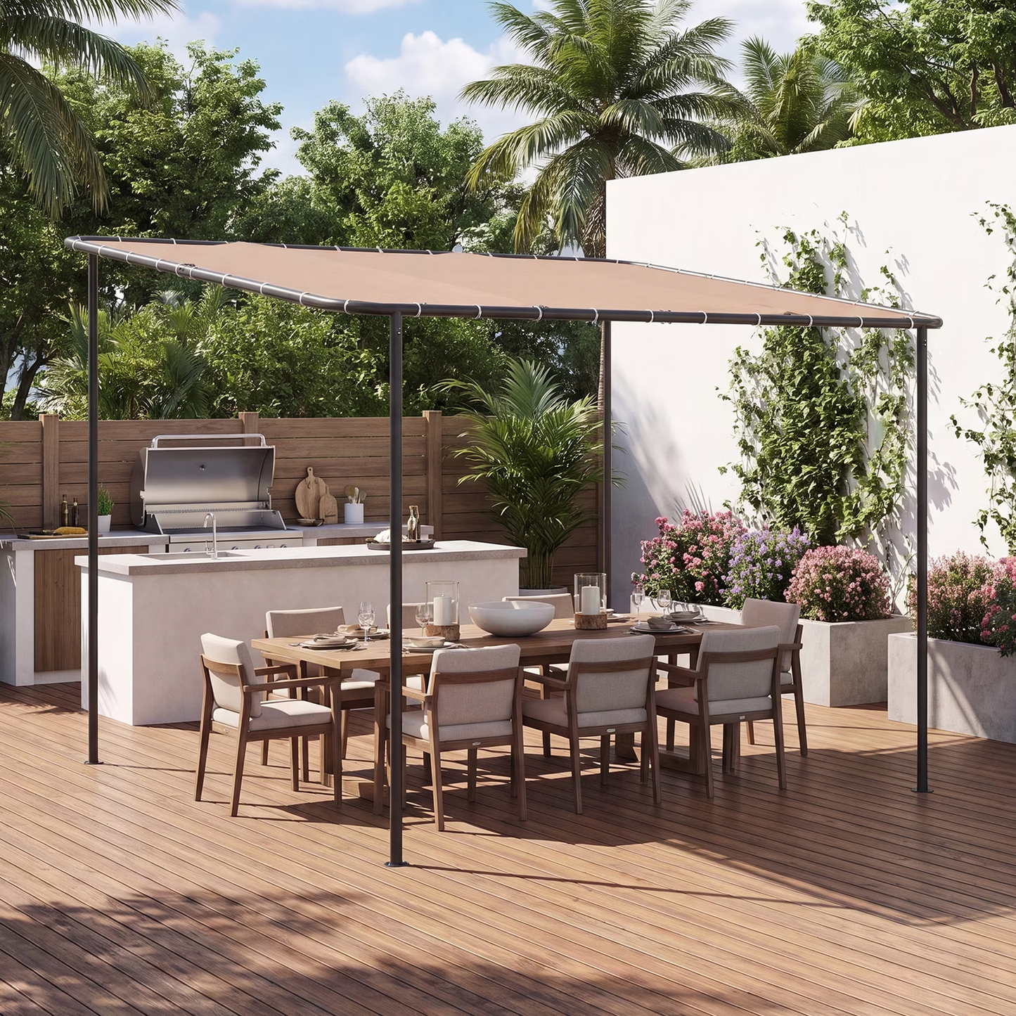 Clouddwell 8×10 FT Wall-Mounted Sloped Roof Outdoor Pergola Canopy, Water-Resistant & UV-Resistant Metal Patio Gazebo for Backyard Garden Porch in Khaki