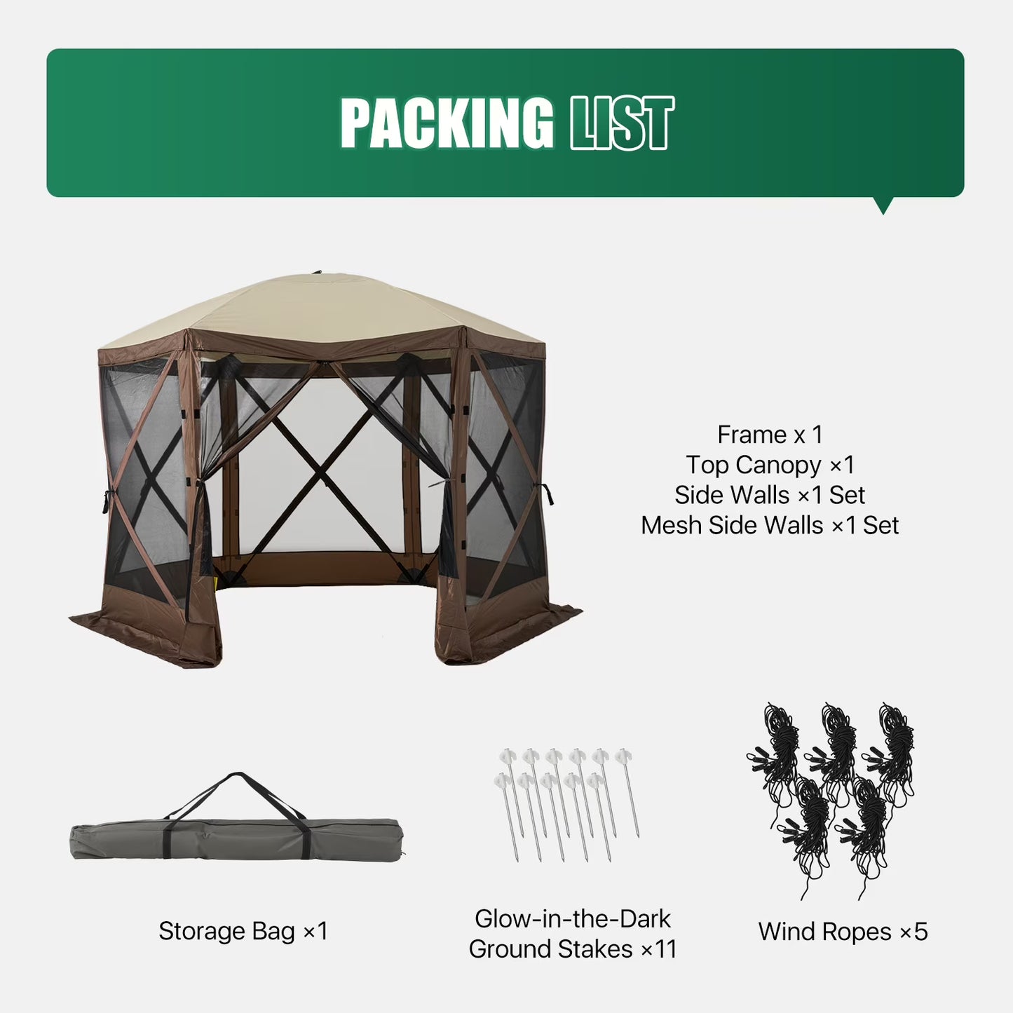 Clouddwell 10x10 FT Outdoor Pop-up Gazebo Tent, 6-Sided Screen Room with Waterproof UV-Blocking Canopy, Includes Carry Bag, Stakes & Ropes, Brown