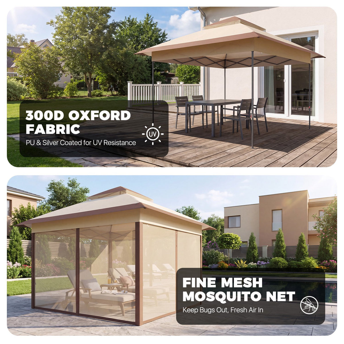 Dateyes 12x12 FT Pop Up Gazebo, Outdoor Gazebo Canopy with Mosquito Netting, 3 Adjustable Heights, Portable Patio Gazebo Tent for Backyard, Patio, Brown