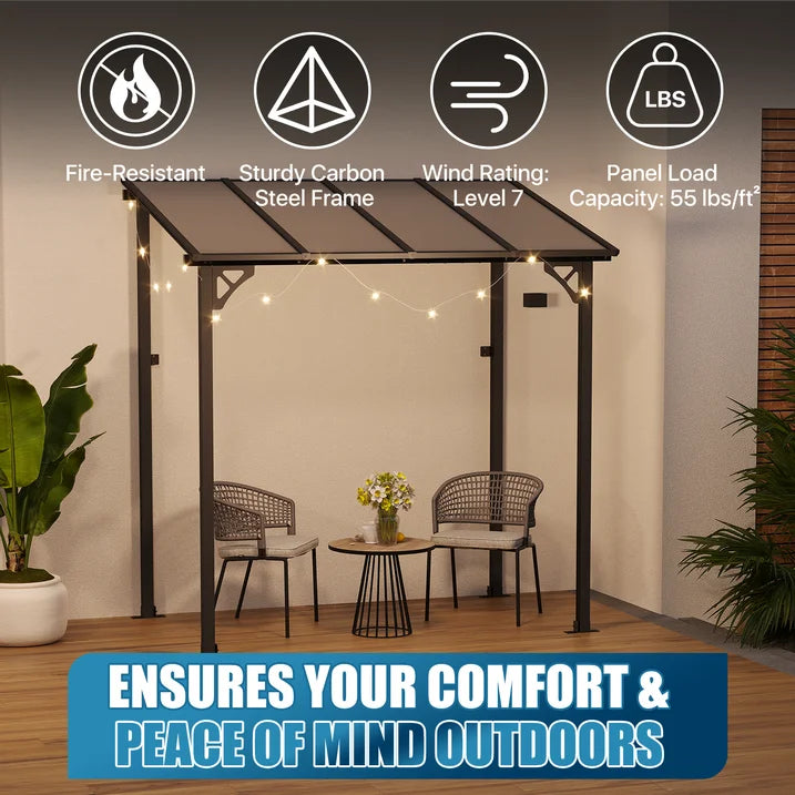 Sunmthink Outdoor Hardtop Gazebo for Patio 8' x 5', Wall-Mounted Lean to Gazebo Pergola with Roof