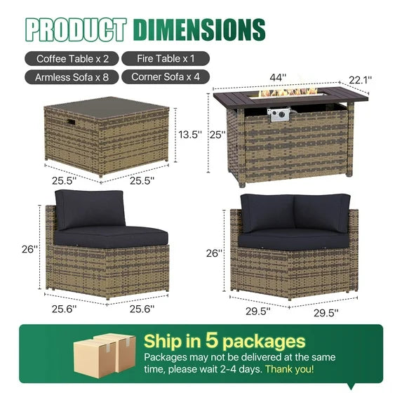 Clouddwell 15 Piece Patio Furniture Set with 44” Fire Pit Table Wicker Rattan Patio Conversation Set Outdoor Sectional Sofa Set with Coffee Table and Black Cushions(Waterproof Cover Included)