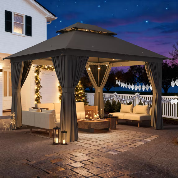 Dateyes 10x12 FT Outdoor Gazebo, Double Roof Patio Shelter with Netting Screens and Privacy Curtains, Heavy-Duty Weatherproof Canopy for Backyard, Deck, and Lawn, Gray