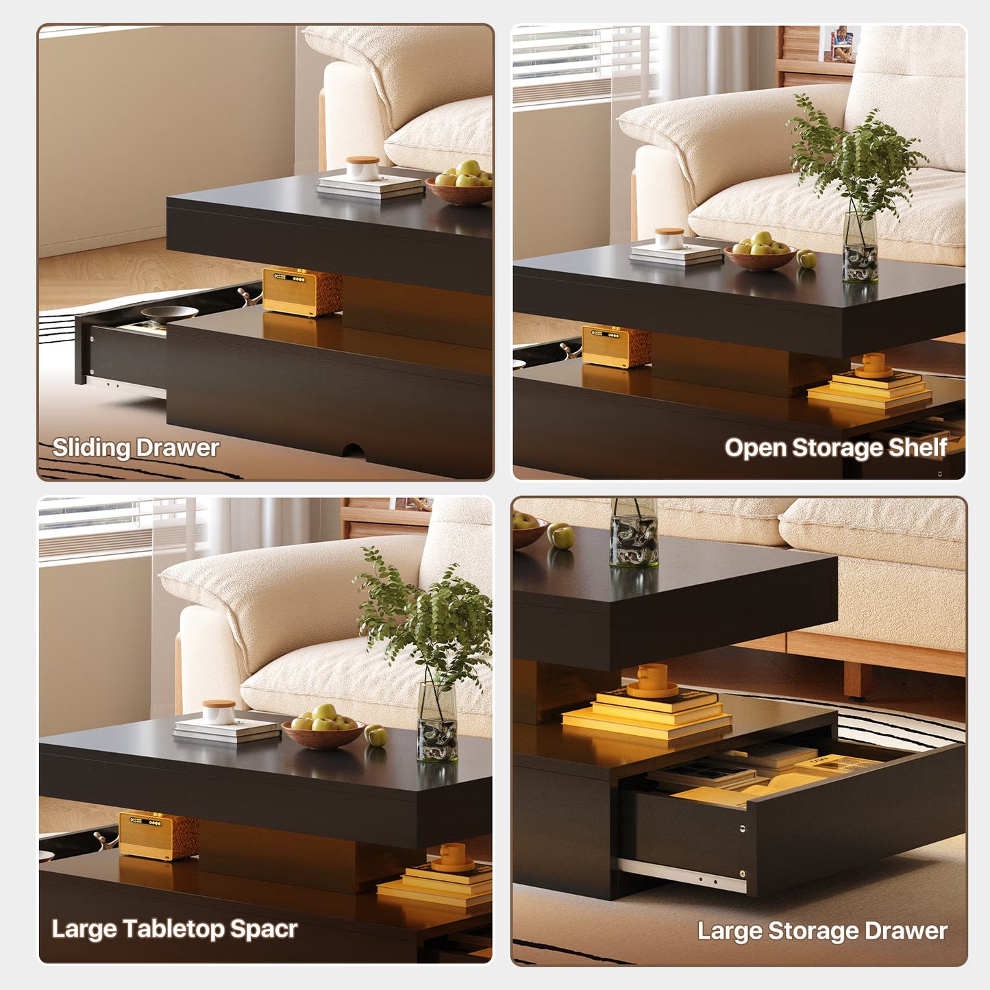 Sonegra 39" High-Glossy LED Coffee Table, Storage Coffee Table with 2 Sliding Drawers for Living Room, Modern Stylish Double-Layer Center Tables with LED Lights, Black