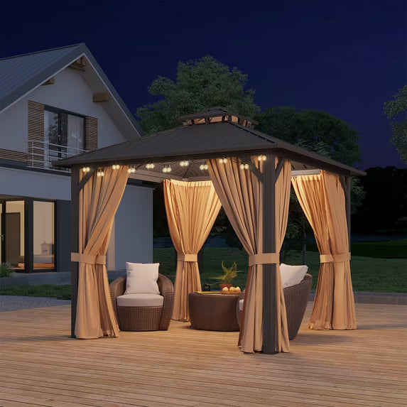 Clouddwell 10' x 10' Gazebo for Patio, Gazebo Pergola with Sloped Roof, Large Wall-Mounted Heavy Duty Awnings, for Deck, Patio and Backyard,Brown