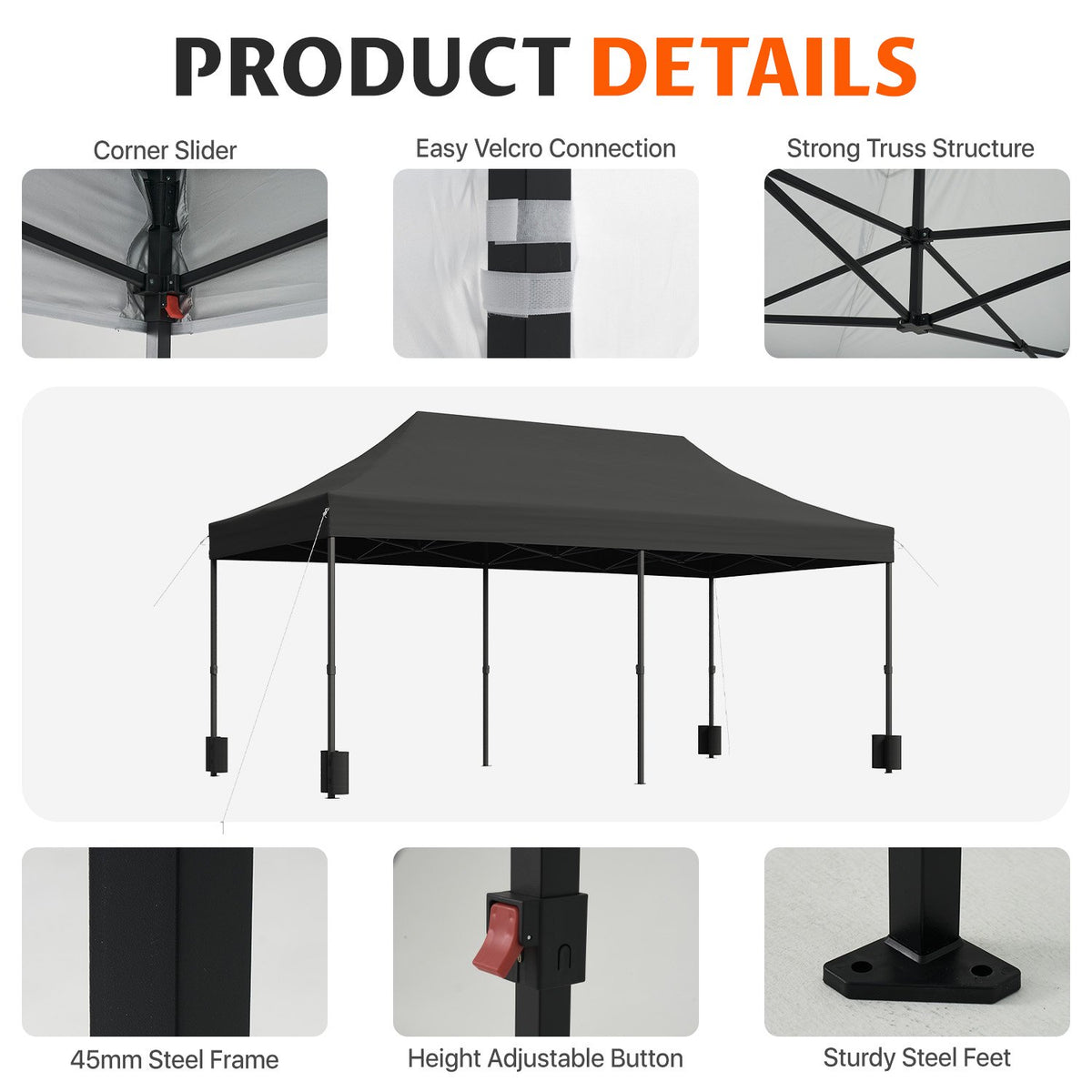 Dateyes 10x20FT Heavy Duty Pop Up Canopy Tent, Waterproof All Season Instant Tent for Outdoor Weddings & Party, Portable Event Tent with Roller Bag, Black