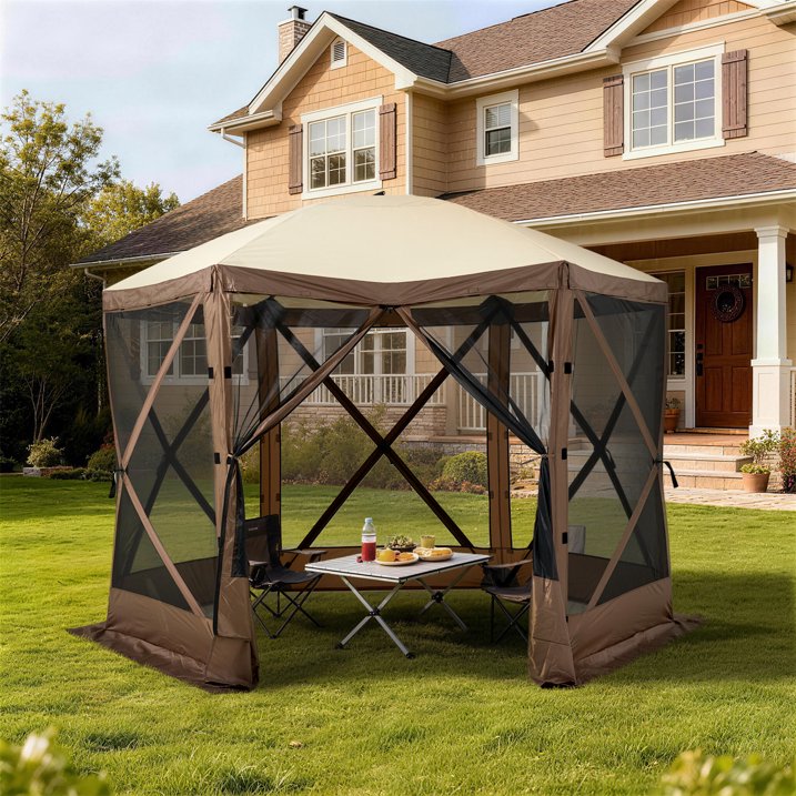 Sunmthink 10x10 FT Pop-up Gazebo Screen Tent, 6-Sided Camping Canopy Shelter with Waterproof UV-Blocking Top, Includes Carry Bag & Accessories for Outdoor Backyard & Lawn, Brown