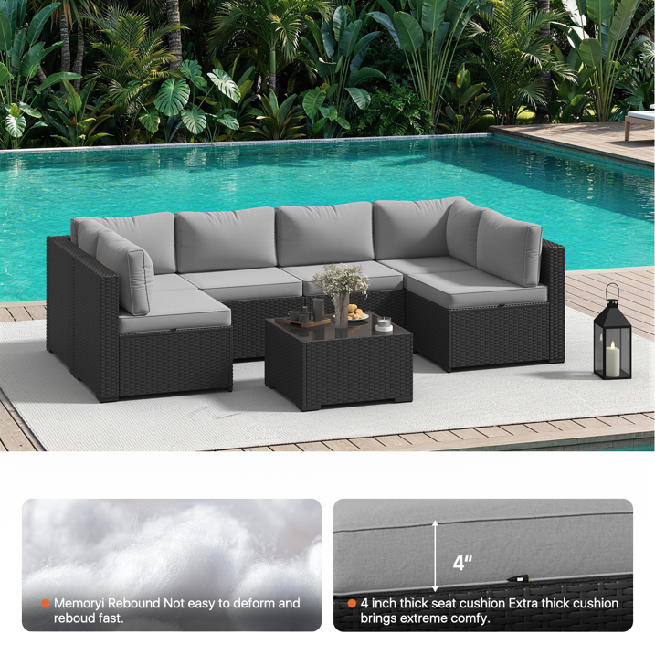 Clouddwell 7 Pieces Patio Furniture Set, All-Weather Wicker Rattan Patio Sectional Sofa Set with Coffee Table (Light Gray)