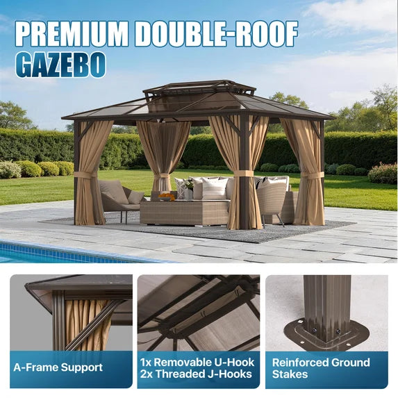 Sunmthink 10' x 14' Hardtop Gazebo,Polycarbonate Double Roof,Aluminum Frame with Curtains and Netting for Patio,Garden,Brown