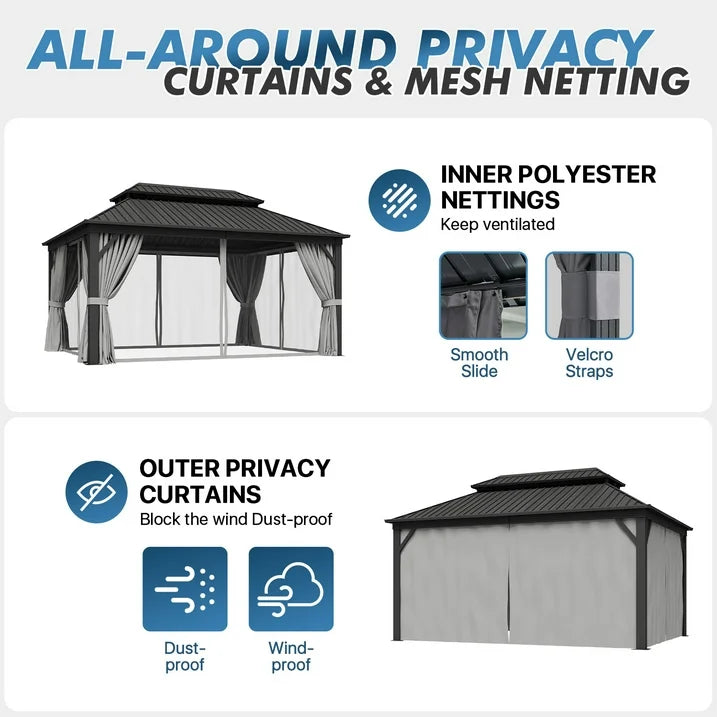 Sumnthink 12'x16' Hardtop Gazebo, Steel Double Galvanized Top Canopy, Aluminum Frame Permanent Pavilion Metal Gazebo with Netting and Curtains, for Patio, Garden, Lawn