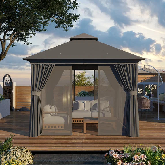 Sunmthink Outdoor Gazebo for Patio 10'x10', Metal Frame Canopy with Double Roofs, Heavy Duty Party Tent and Shelter with Mosquito Netting and Privacy Screen for Backyard,Garden,Deck (Gray)