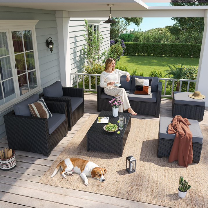 ClouddWell 4 Seat Outdoor Patio Furniture Set, Patio Conversation Sets with Thick Waterproof Cushions & Storage Coffee Table(Grey)