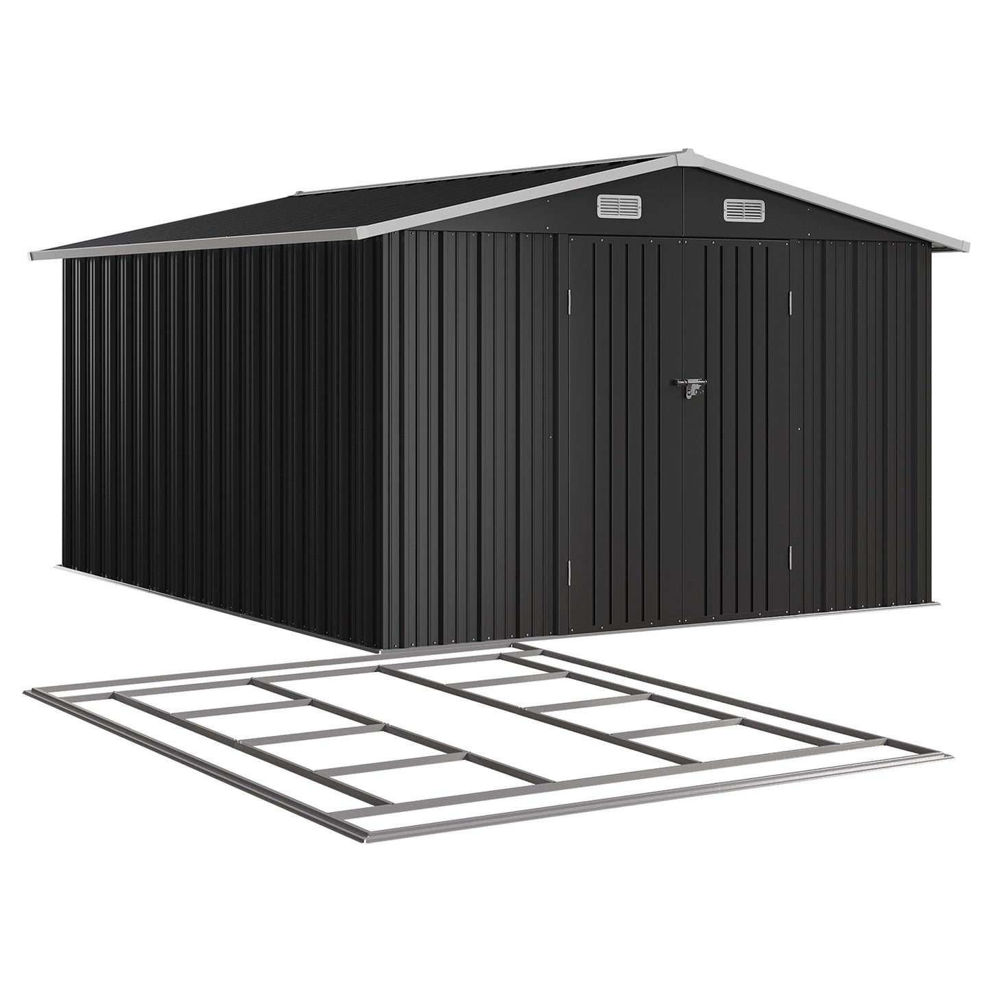 Clouddwell 10x12 ft Outdoor Storage Shed with Base, Large Metal Garden Tool Shed with Double Lockable Doors for Backyard, Patio, Black