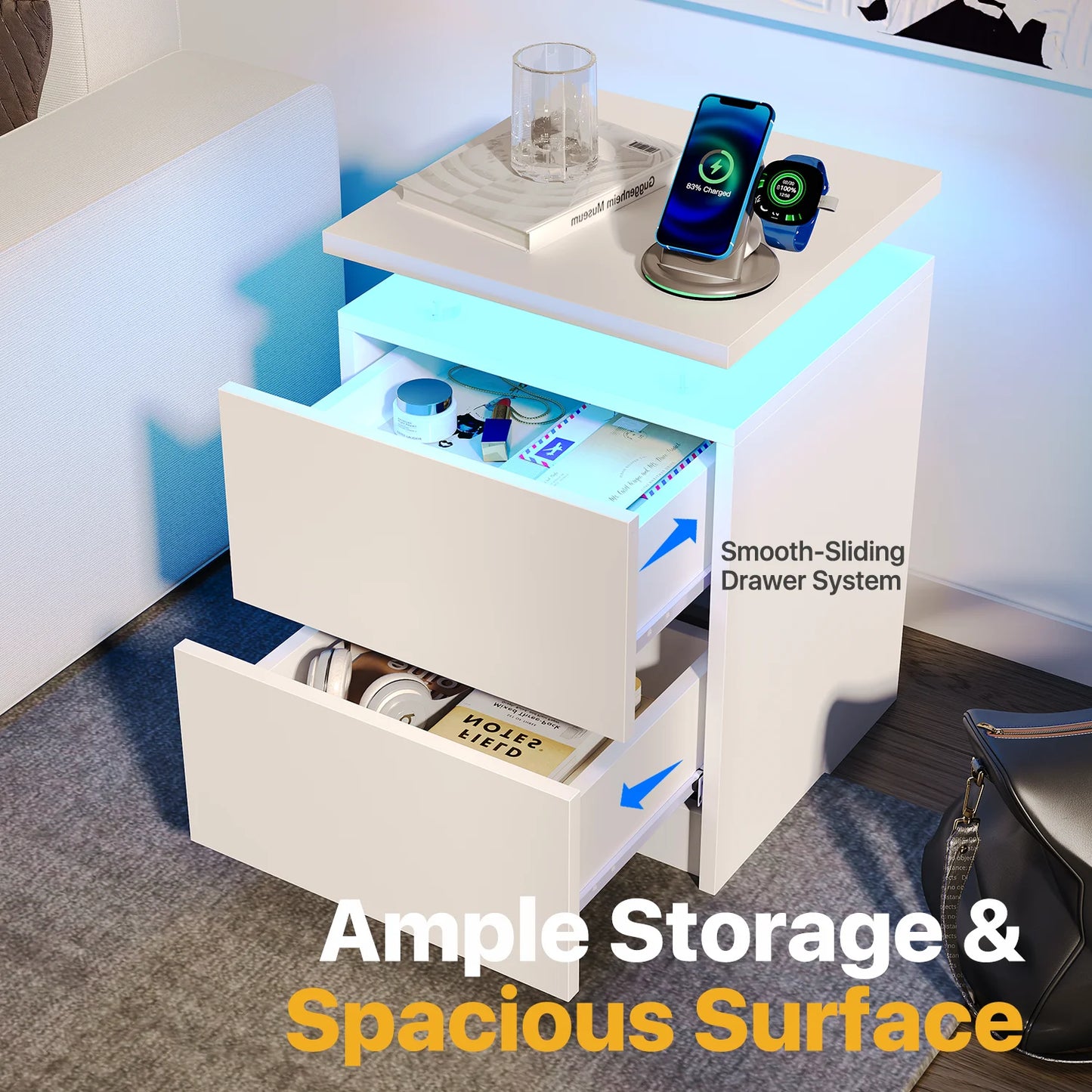 Sonegra Nightstand Set of 2 with Charging Station, LED End Table with 2 Storage Drawers, Sofa Side Table for Living Room and Bedroom, White 15IN