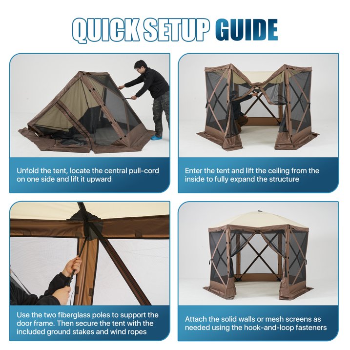 Sunmthink 10x10 FT Pop-up Gazebo Screen Tent, 6-Sided Camping Canopy Shelter with Waterproof UV-Blocking Top, Includes Carry Bag & Accessories for Outdoor Backyard & Lawn, Brown