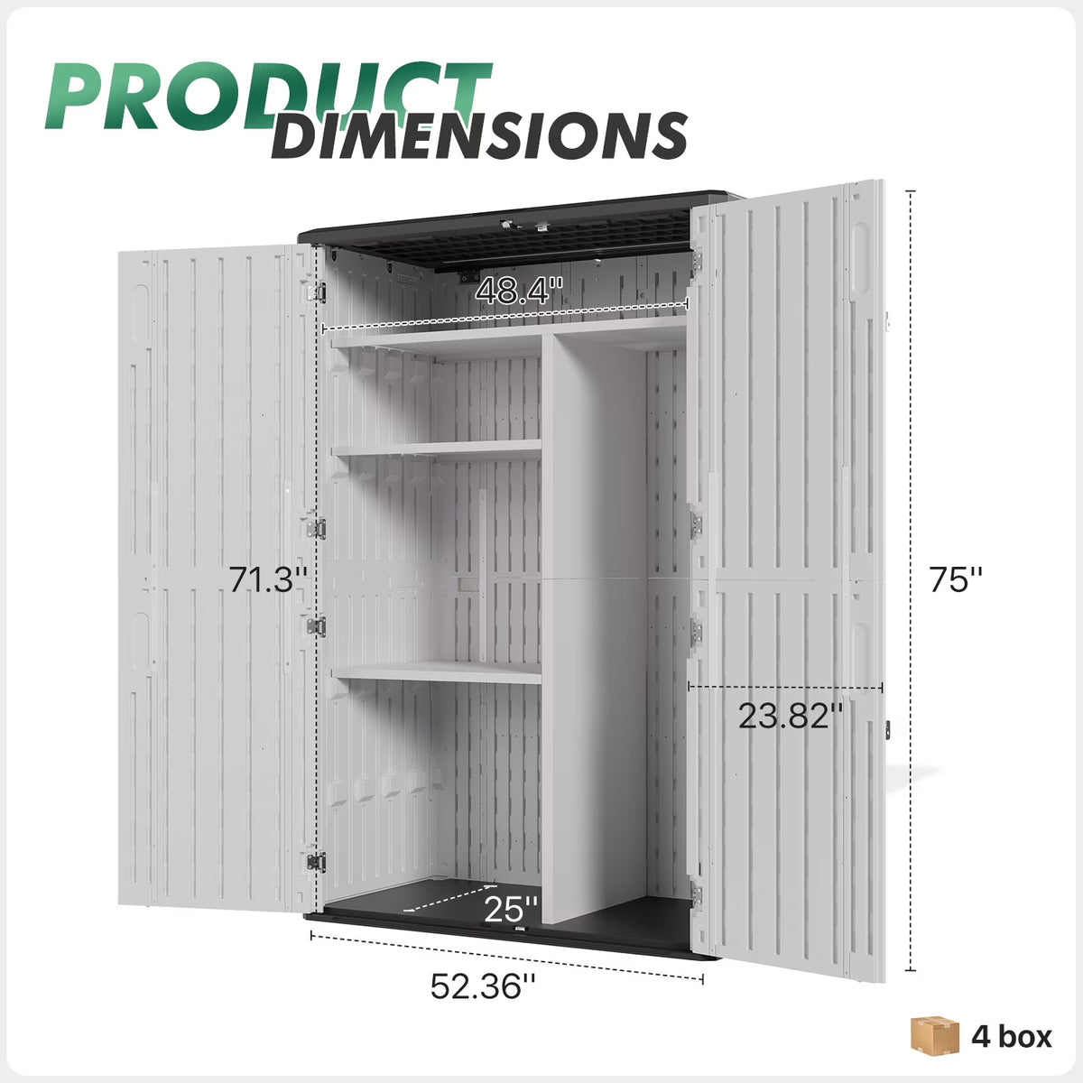 Dateyes 4.5x2.5 FT Resin Storage Shed, Heavy-Duty 64 Cu.ft Plastic Storage Sheds with Floor & 3 Tier Shelves, Weather-Resistant Vertical Outdoor Storage Cabinet with Lockable Doors, White