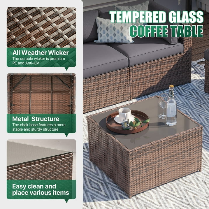 Clouddwell 8 Piece Patio Furniture Set with 44” Fire Pit Table Wicker Rattan Patio Conversation Set Outdoor Sectional Sofa Set with Coffee Table and Gray Cushions(Waterproof Cover Included)