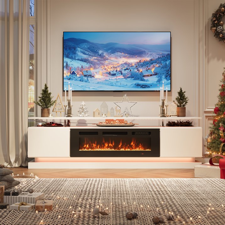Sonegra Modern Fireplace TV Stand for TVs Up to 80" with music sync LED, 70" Entertainment Center with Electric Fireplace, TV Console with Storage Cabinets for Living Room, White