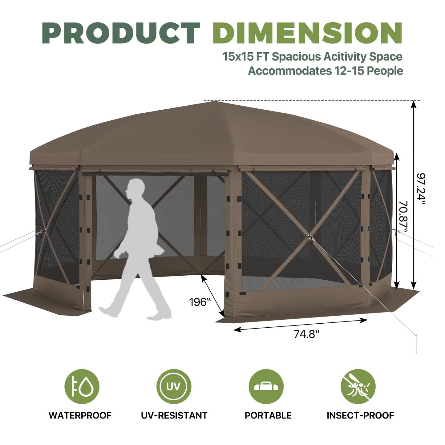 Clouddwell 15'x15' Outdoor Pop Up Gazebo, Screen Tent with Removable Top & Mosquito Netting, Camping Canopy Tent, Waterproof, UV Resistant, Portable Carry Bag, Brown