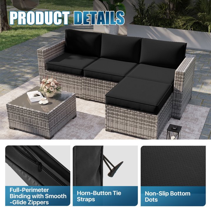 Clouddwell 7-Piece Premium Outdoor Cushion Set, High-Resilience Waterproof Cushions for 4-Seat Wicker Sectional(Black)