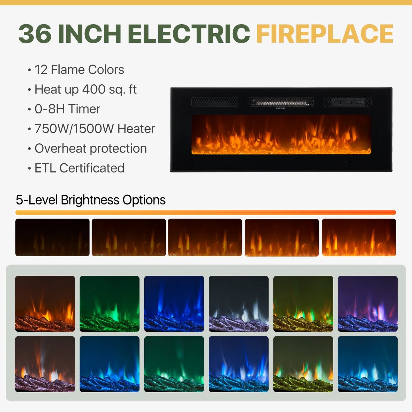 Sonegra Fireplace TV Stand with 36" Electric Fireplace, Mid Century Modern Entertainment Center with Led Lights for 80” TVs , Wood Media Console with Slatted Sliding Doors, for Living Room