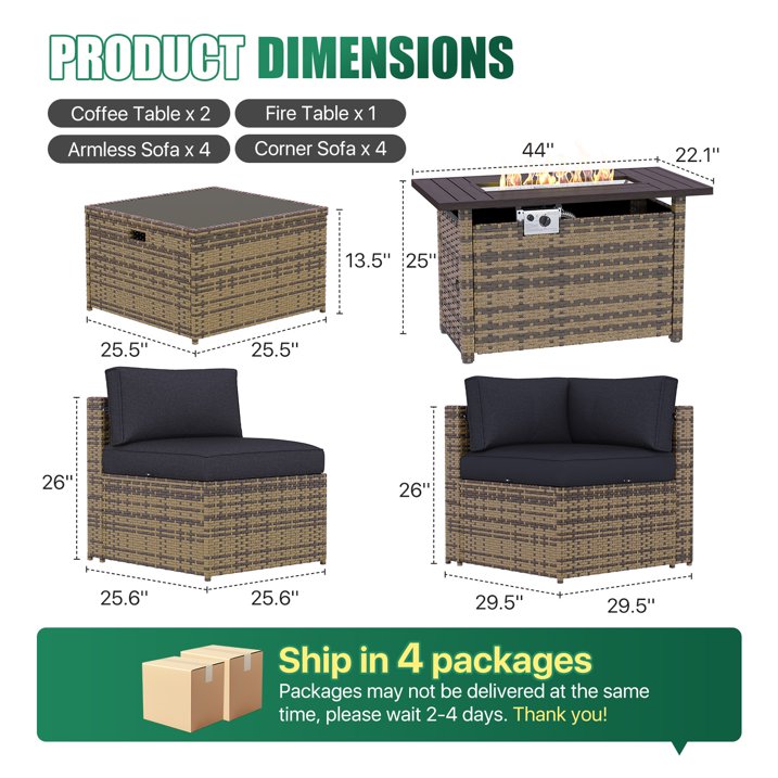 Clouddwell 11 Piece Patio Furniture Set with 44” Fire Pit Table Wicker Rattan Patio Conversation Set Outdoor Sectional Sofa Set with Coffee Table and Black Cushions(Waterproof Cover Included)